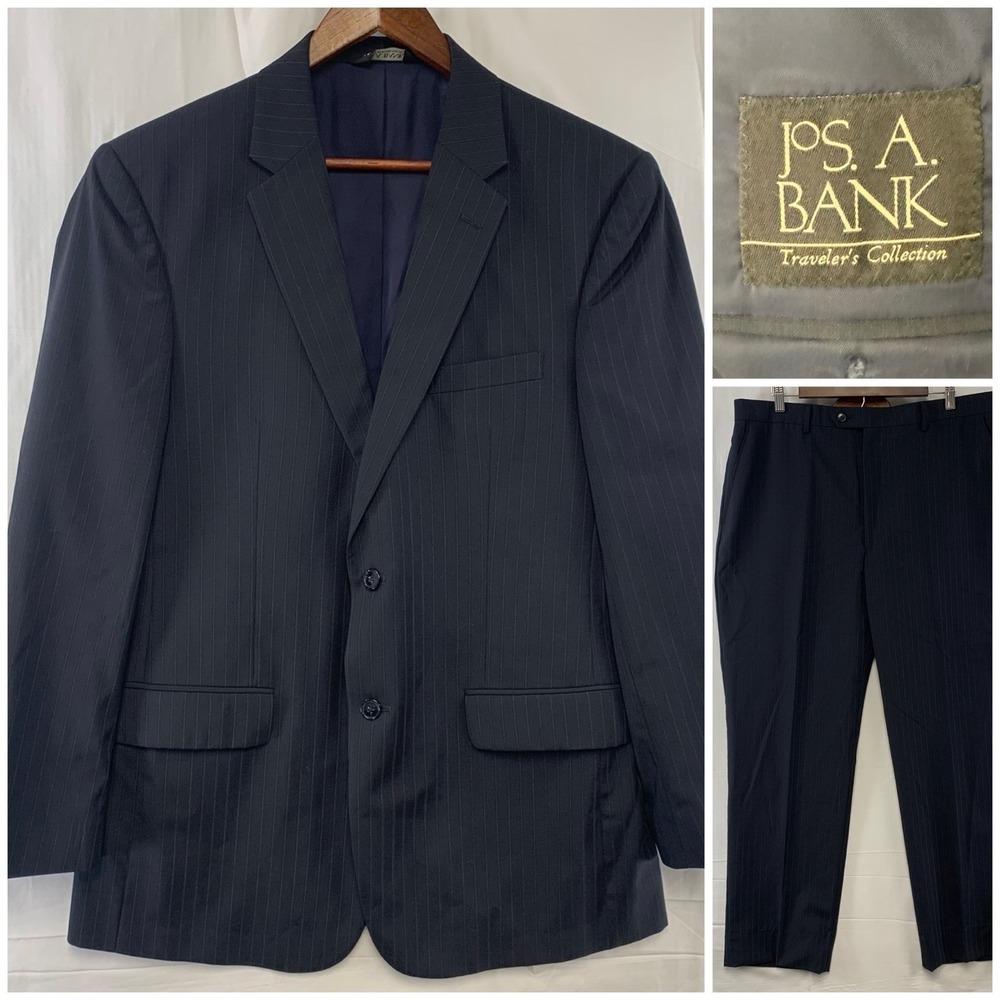 Jos A Bank Traveler 2 Pc Black Striped Wool Suit Mens 43L / 37 x 30 Jacket Pants